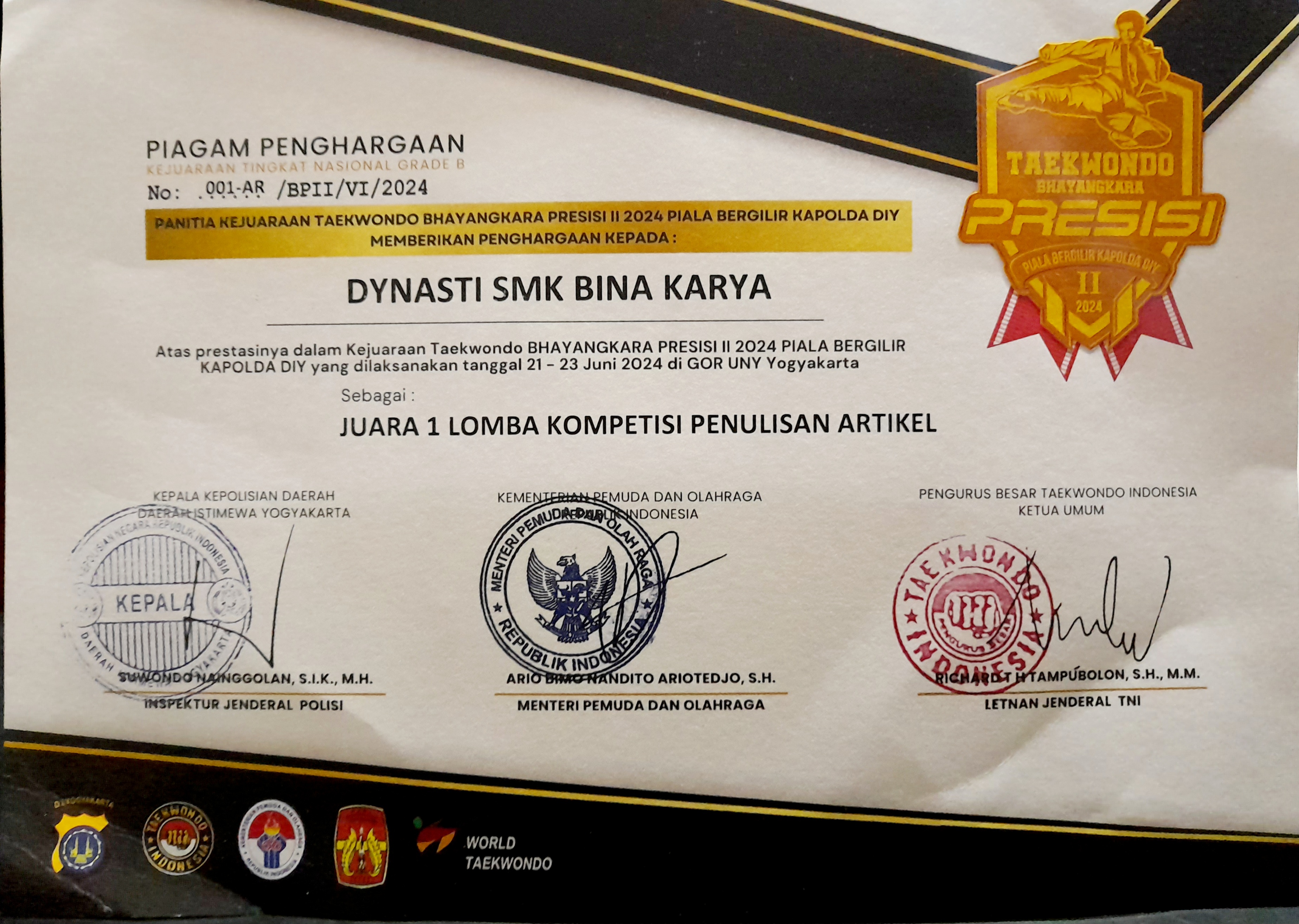 DYNASTI SMK BINA KARYA JUARAI LOMBA MENULIS ARTIKEL KEMENPORA RI Luncurkan Program SITENOR TAEKWONDO SMK BINA KARYA